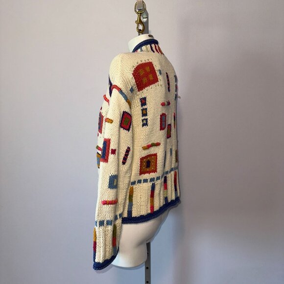 Vtg Y2k Icelandic Design Colorful Knit Cardigan Sweater Cotton Zipper Sz Medium - Picture 3 of 8